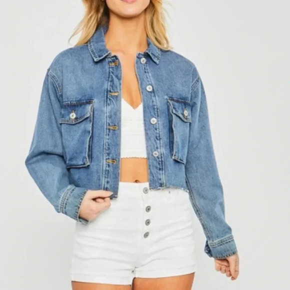 Denim Jacket Cropped Cargo Pocket Raw Hem Blue Distressed Light Blue Jean Denim - Picture 2 of 10